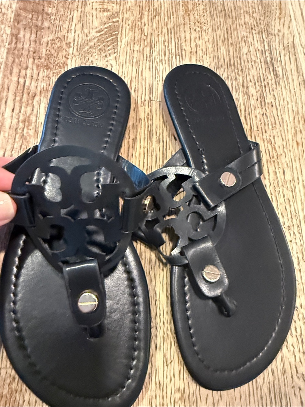 Tory Burch Black Leather Logo Thong Sandals